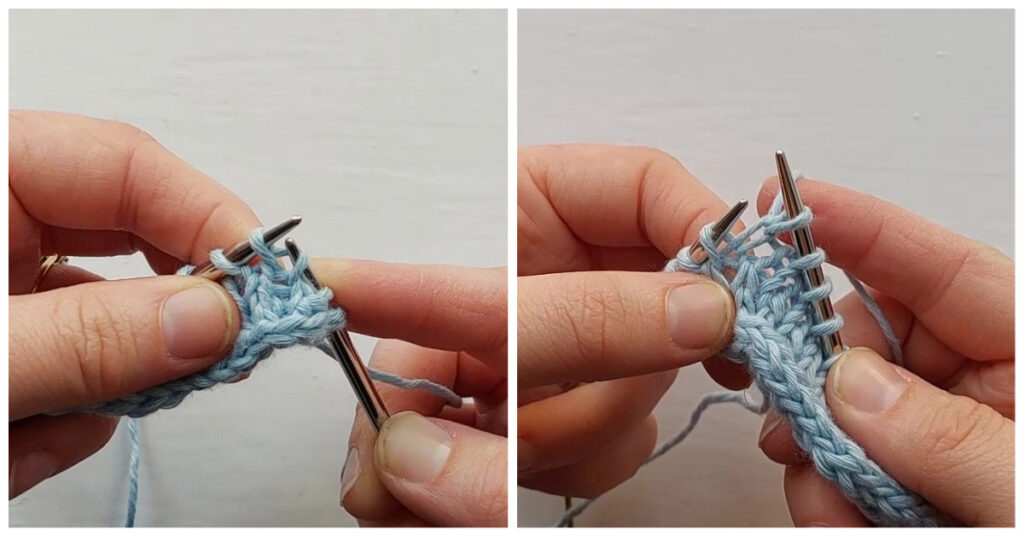 two photos side by side of hands holding knitting needles and fabric, showing how to work a knitting technique