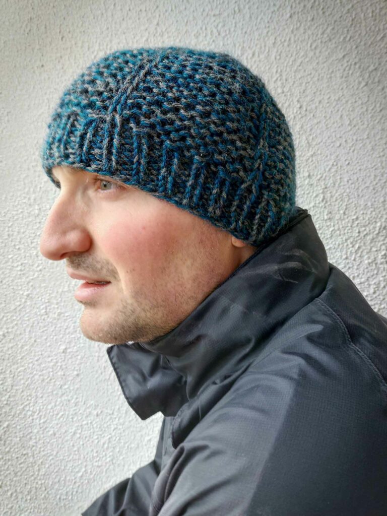 side view of the garter squish beanie on a white background
