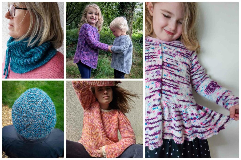 photo collage showing a selection of CatCraftyKnits knitting patterns