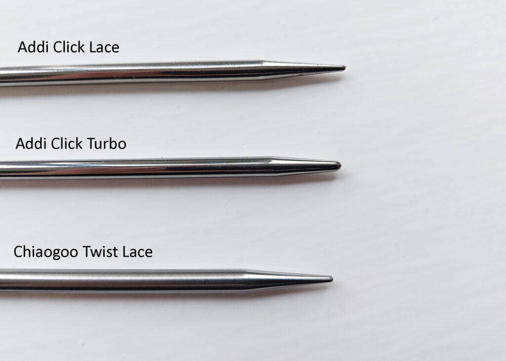 comparison of the Addi turbo and lace needle tips to the Chiaogoo needle tip